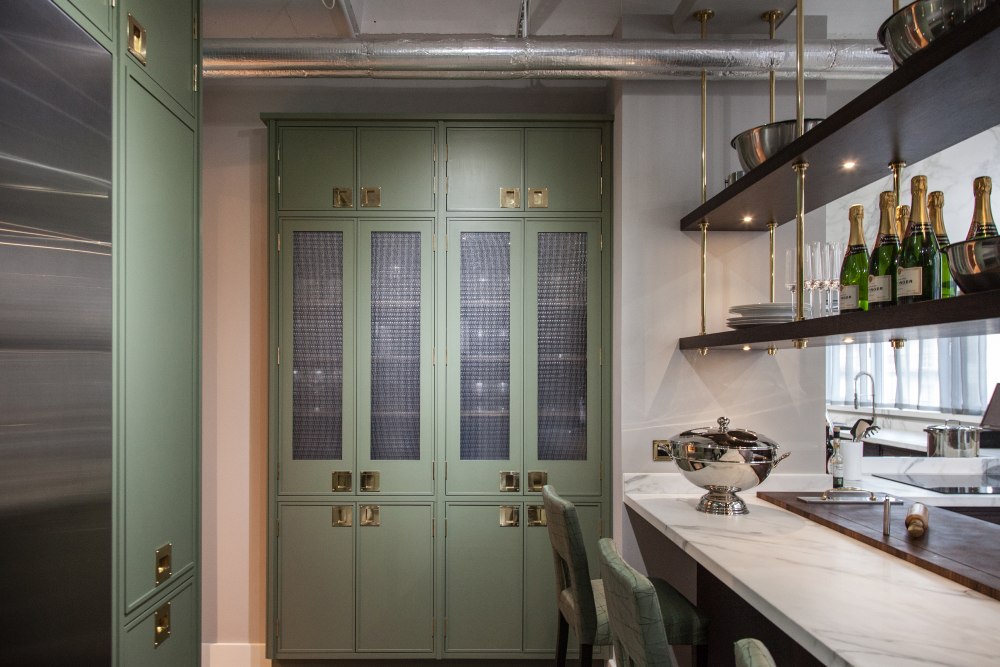 Pale Green And White Marble Island Kitchen Layout Design