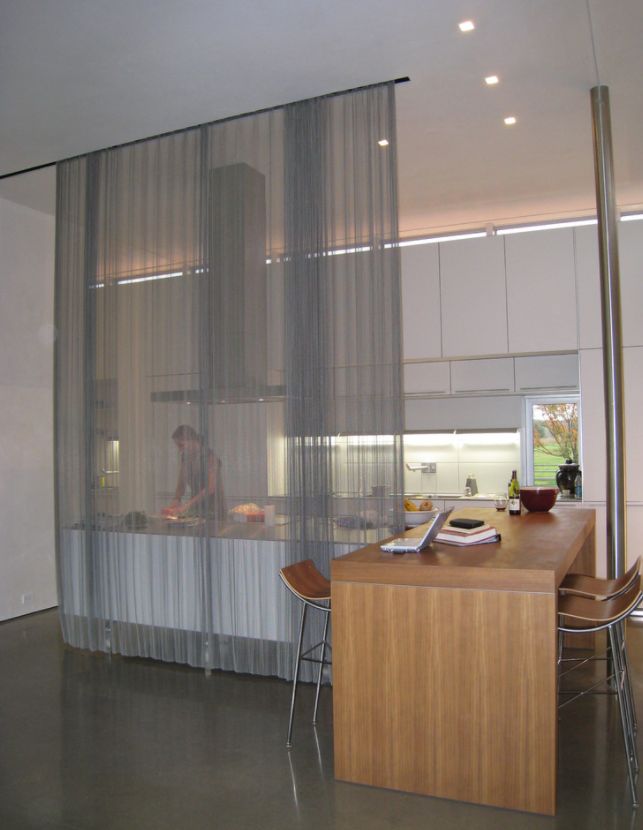 Kitchen room divider with curtain