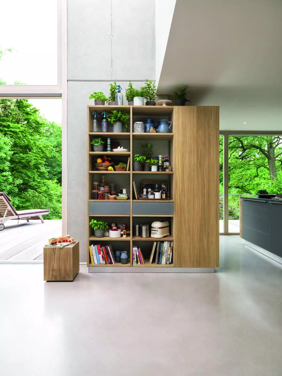 Kitchen storage cabinet with open shelves