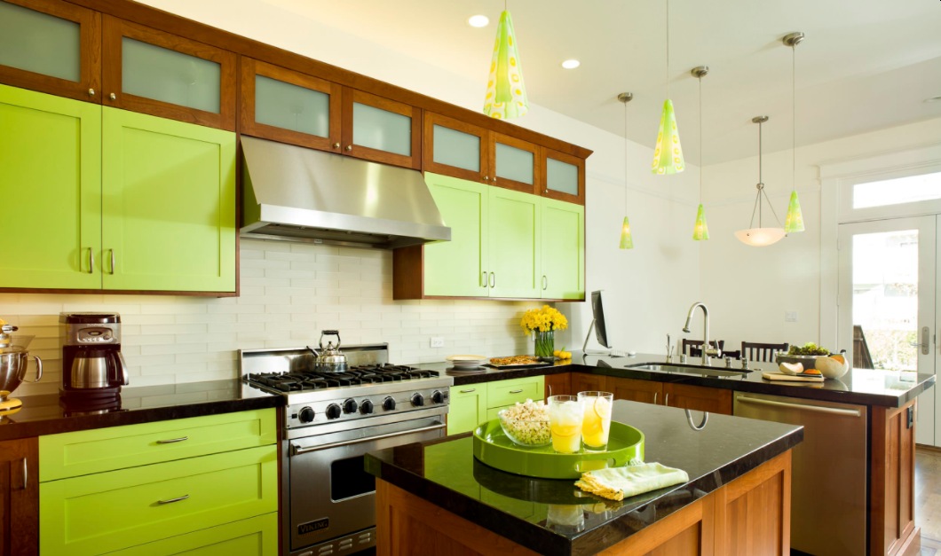 Kitchen with brown and green cabinets