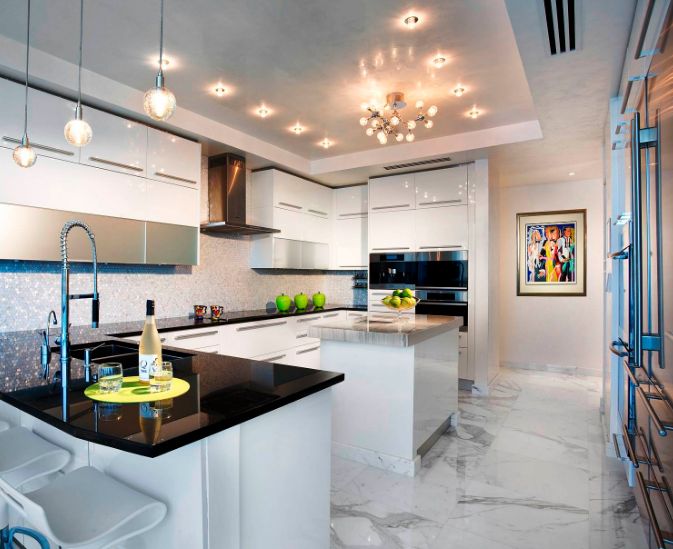 Kitchen with marble floor tiles