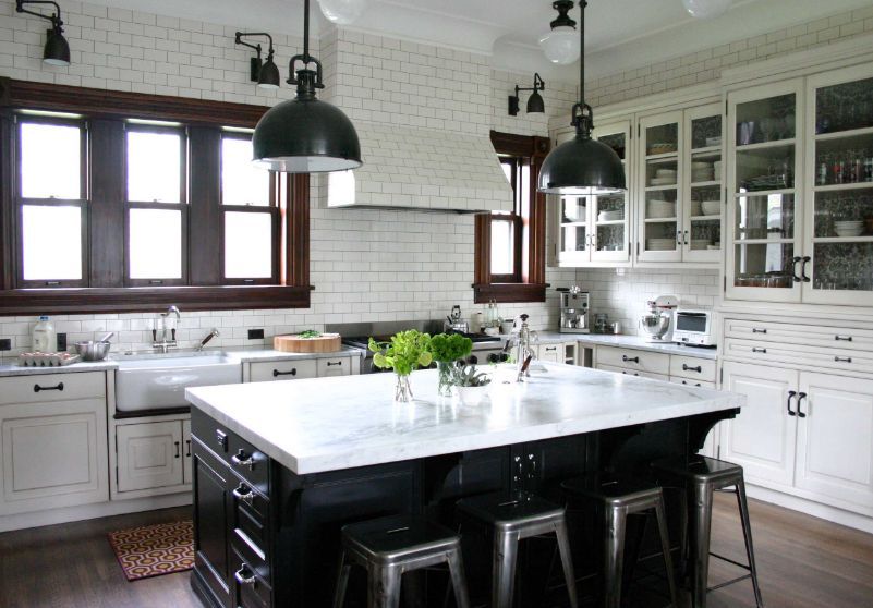 Kitchen with white subway tiles