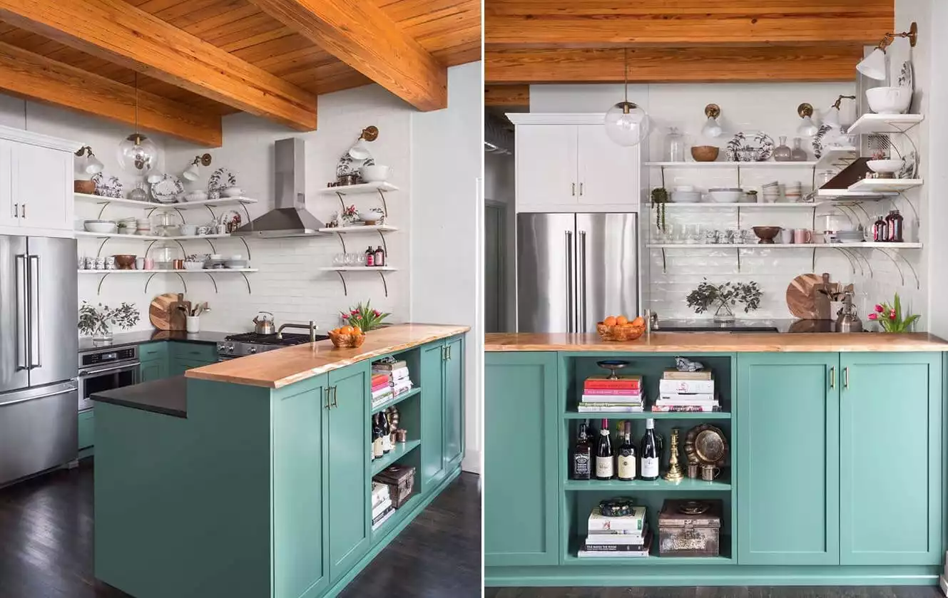 Kitchen with wooden ceiling and large beams