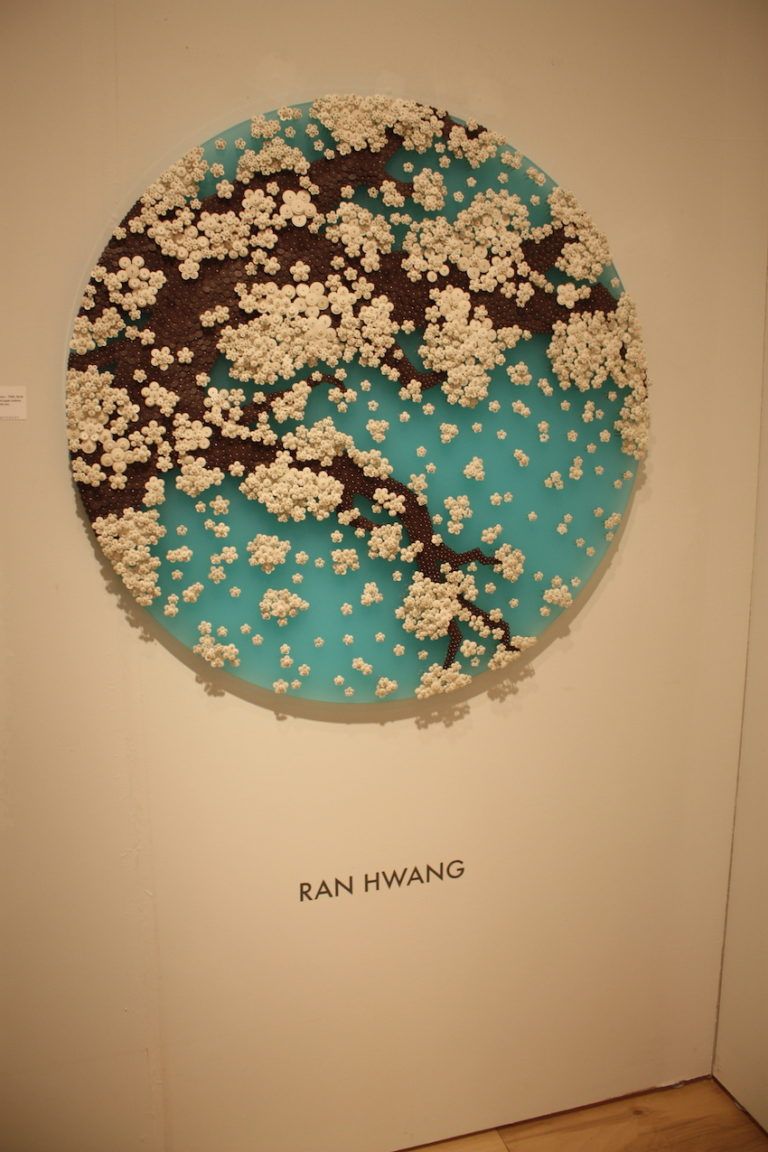 Many of Hwang's pieces feature delicate cherry blossoms.