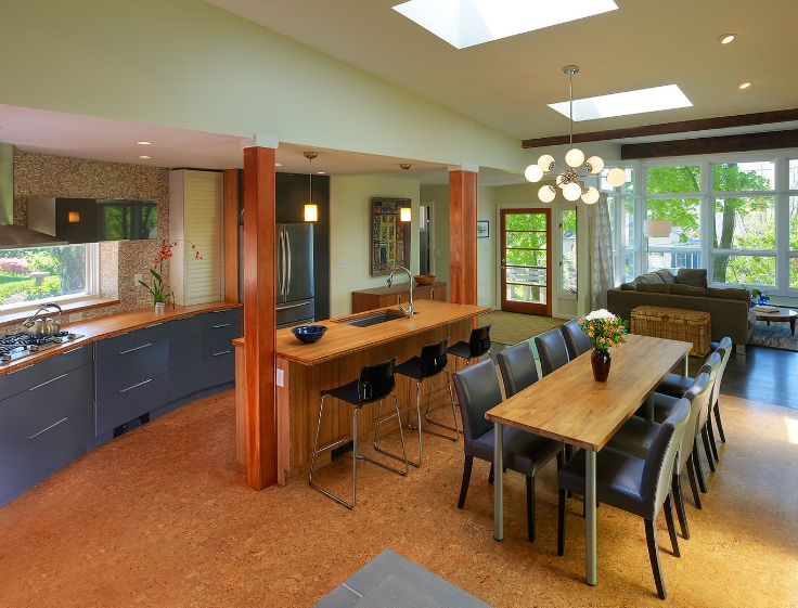 Large kitchen with cork floor