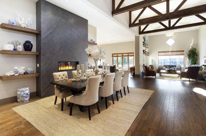Large open space living room with black dining table