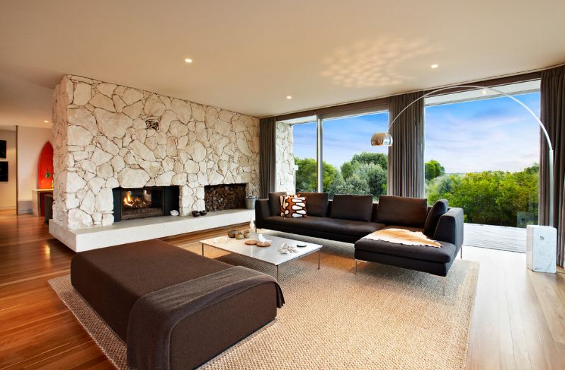 Large white stone fireplace stacked