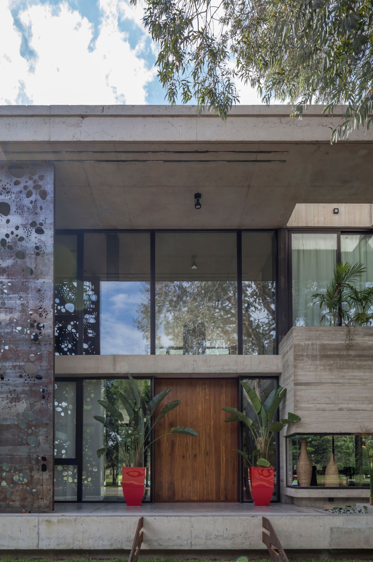 Wood front door and large plants