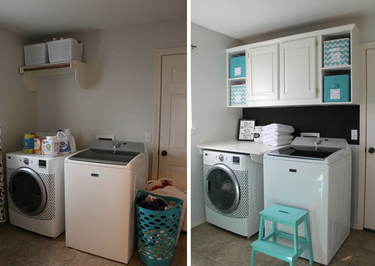 Laundry room organized with turquoise accents