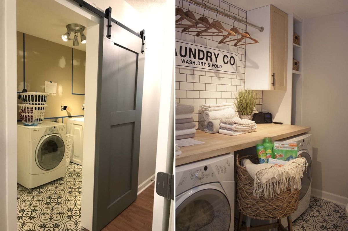 Laundry room with barn door and subway tiles