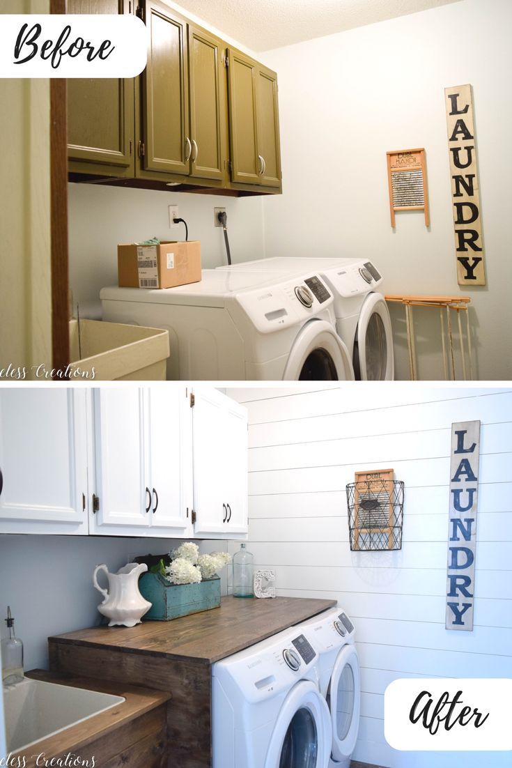 Laundry room with wood countertop