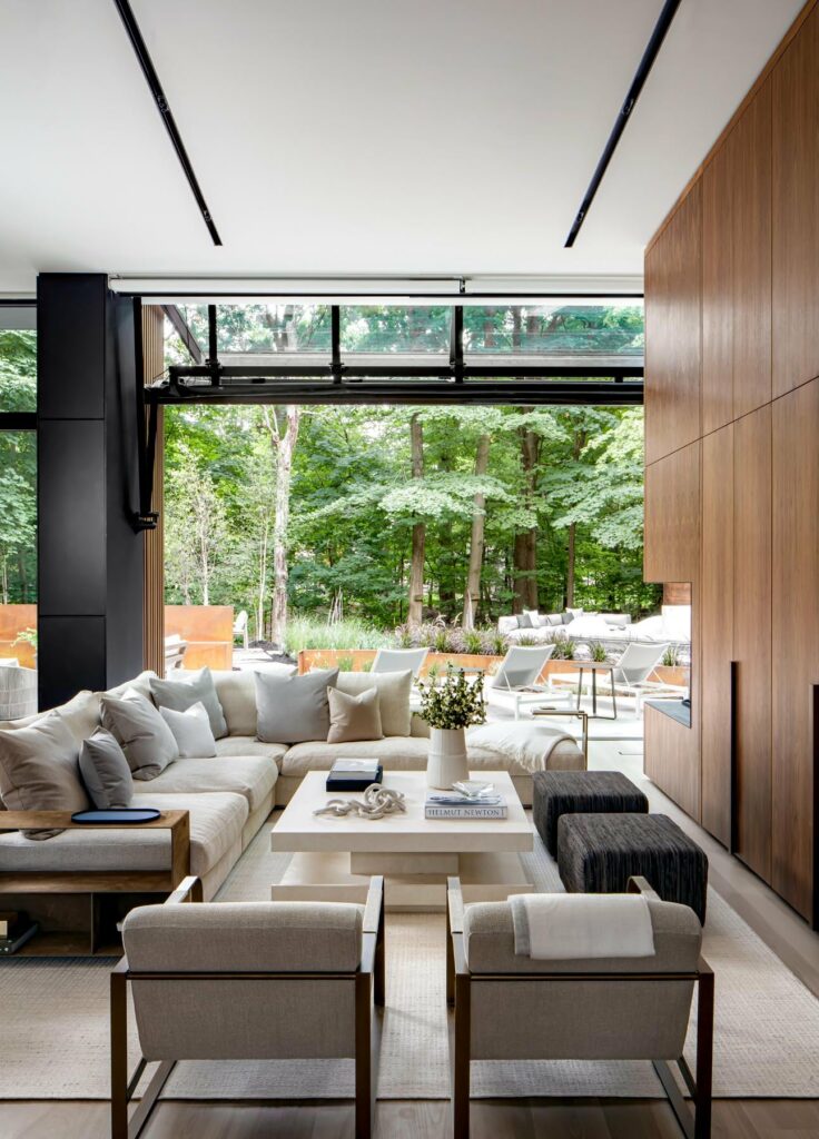 Living room large 40 foot folding glass wall that folds open 736x1024