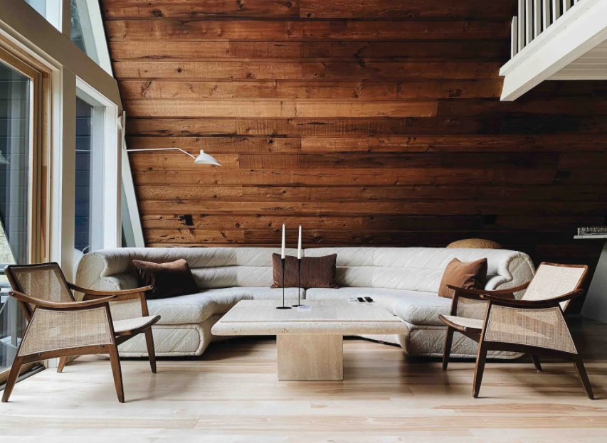 Living room of an a frame cabin