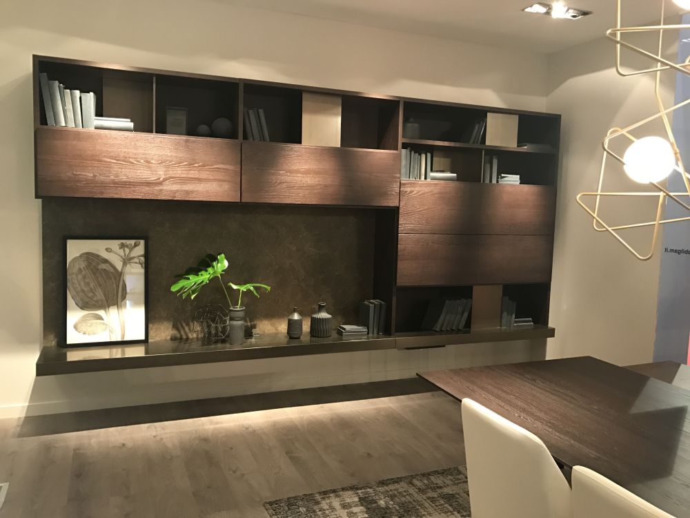 Living room with wall unit and decorative shelves