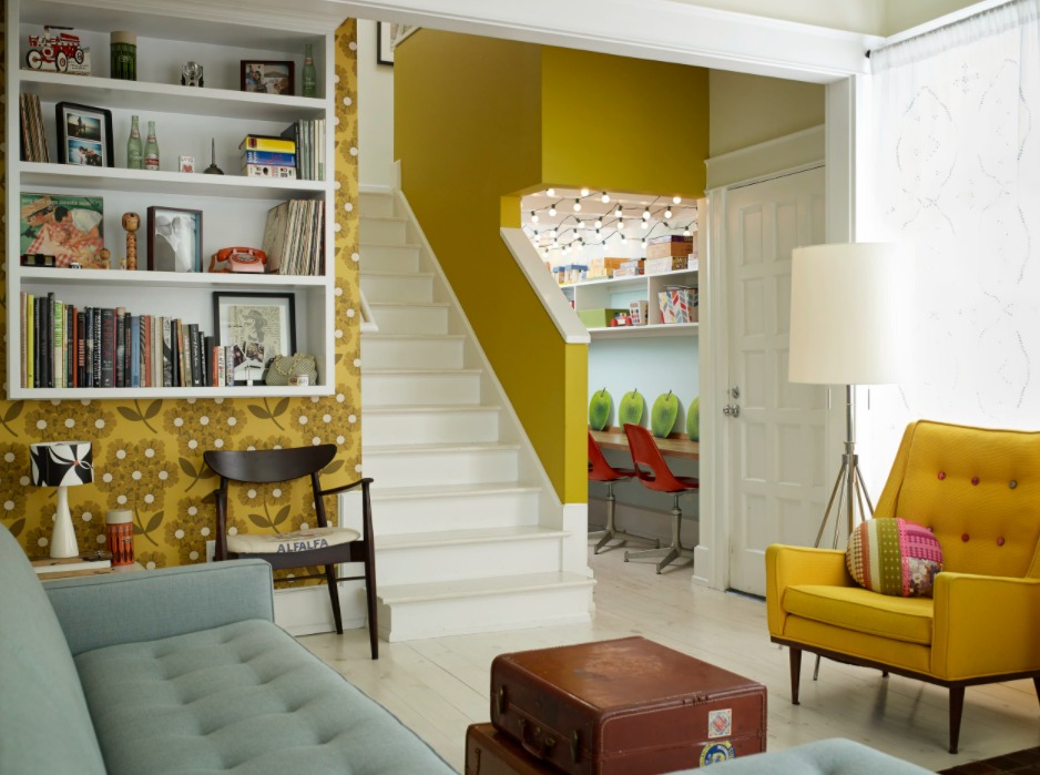 Living room with yellow decor