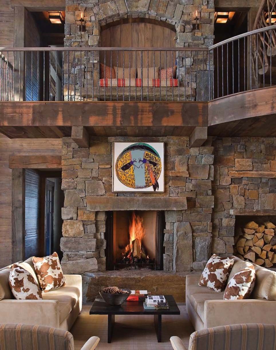 Lodge sky house decor with large fireplace