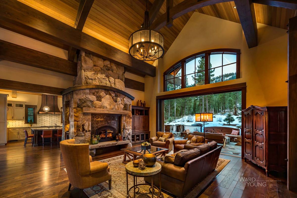 Lodge style home with stone fireplace