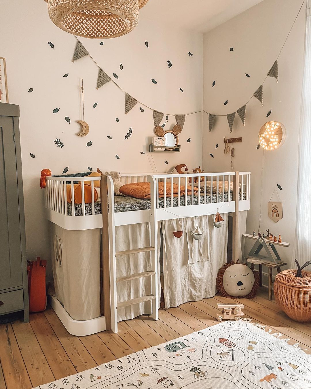 Loft bed with curtains