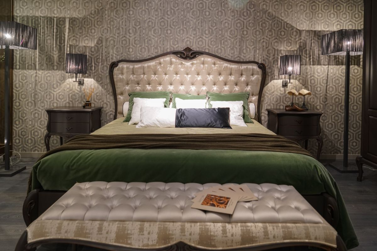 Luxury bedroom furniture with tufted upholstered and gray wallpaper