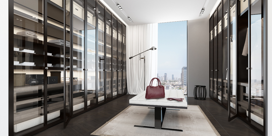 Luxury interiro design walk in closet with glass doors