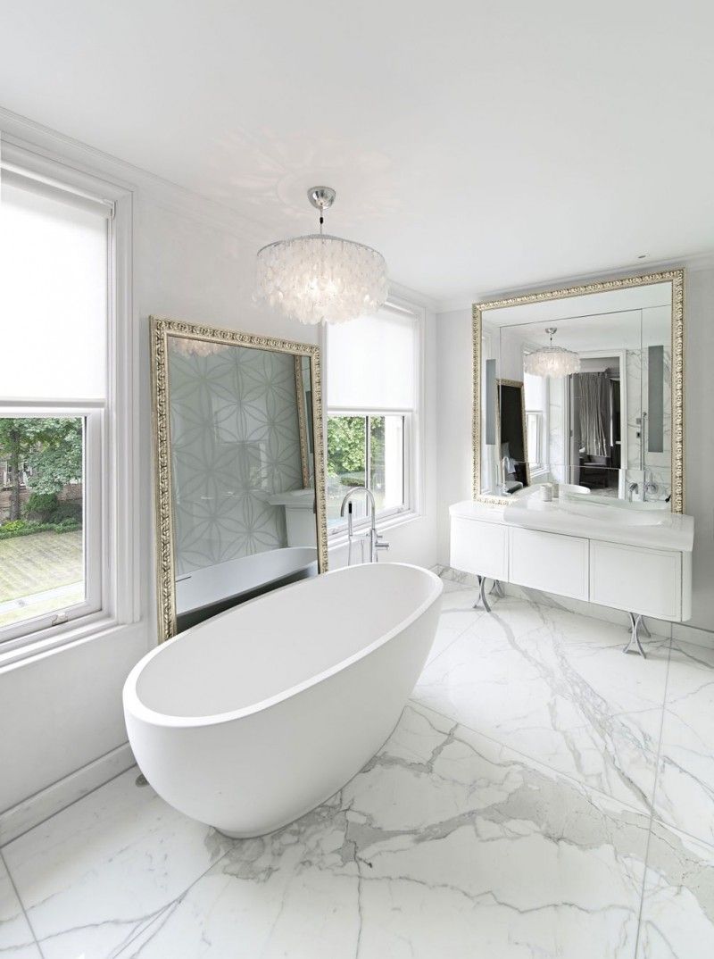 Marble bathroom floor and beautiful freestanding tub