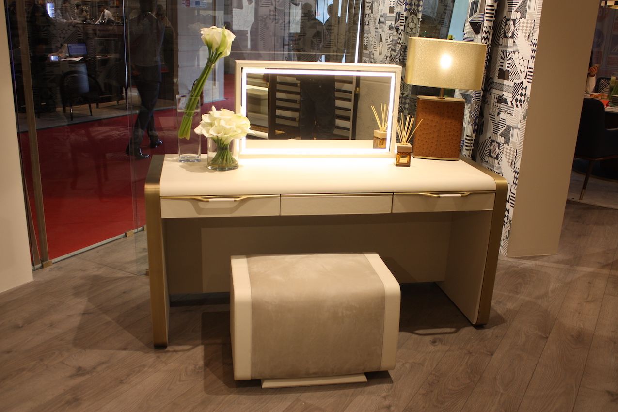 Leather and suede turn simple lines into a texturally luxurious vanity.