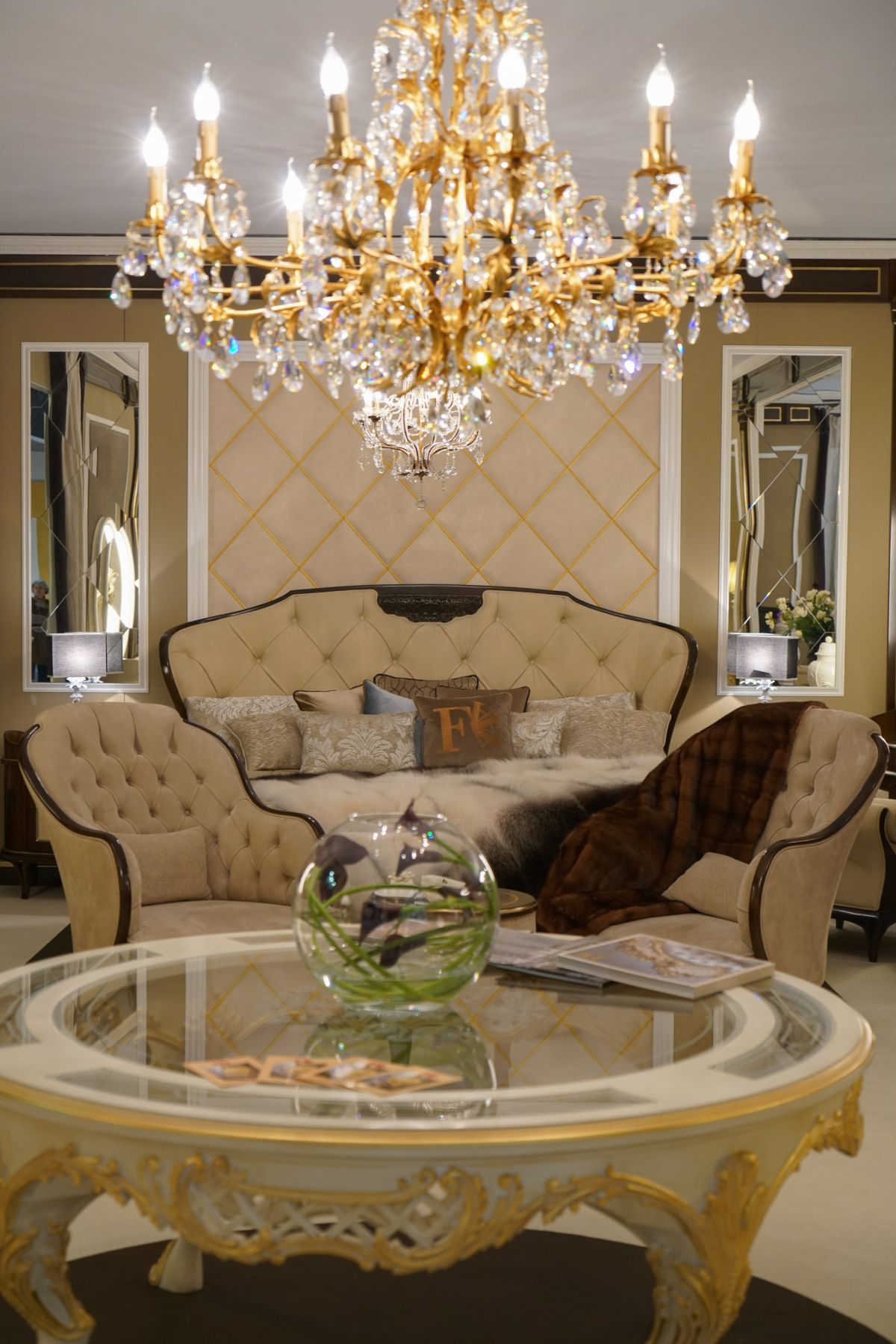 Master bedroom furniture with luxury accessories and crystal chandelier