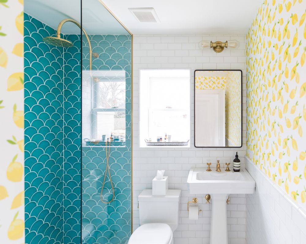 Mermaid and lemon powder room decor