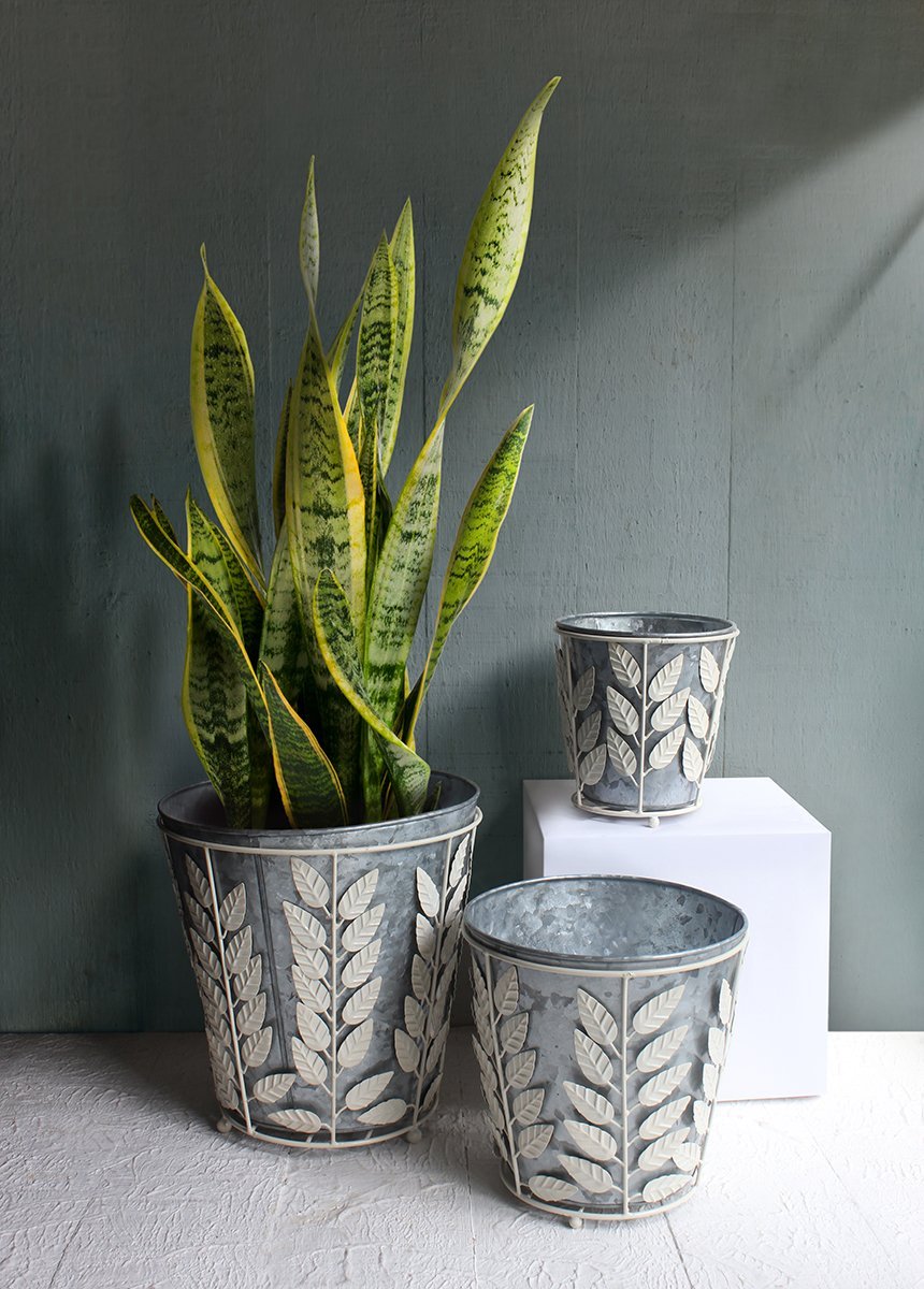 Metal Bucket Planters with Removable White Floral