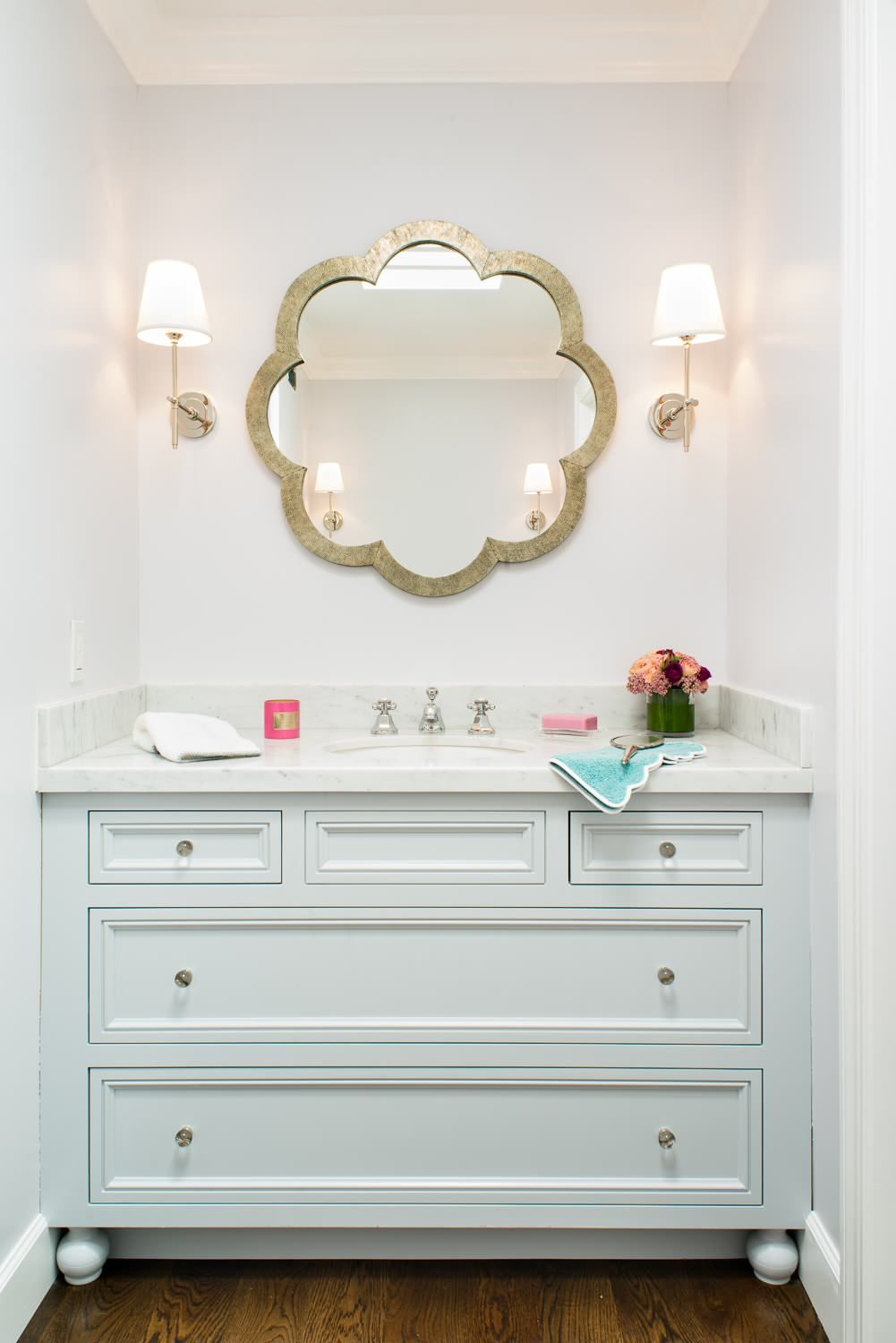 Metalic flower mirror for poweder room