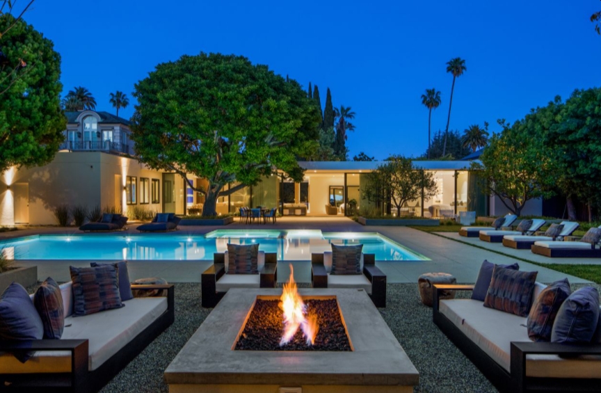 Mid Century Modern in Beverly Hills patio fireplace