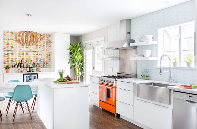 Mid century modern kitchen with bright yellow appliances