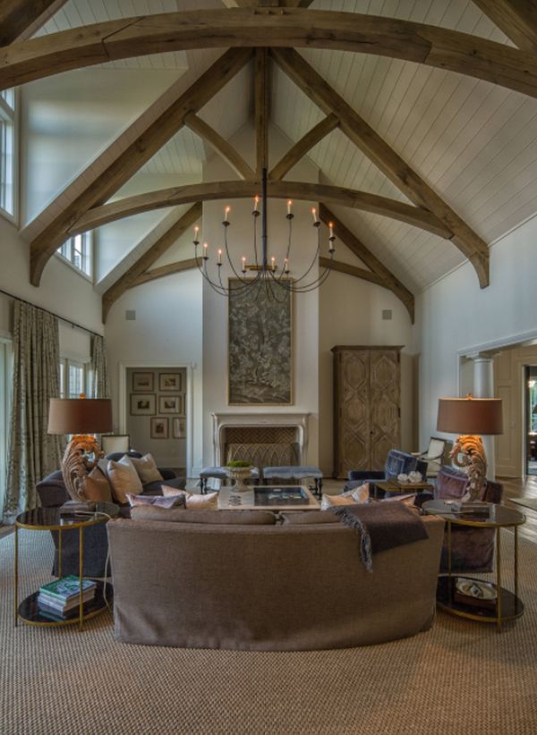 Mid sized mountain style open concept and formal carpeted living room