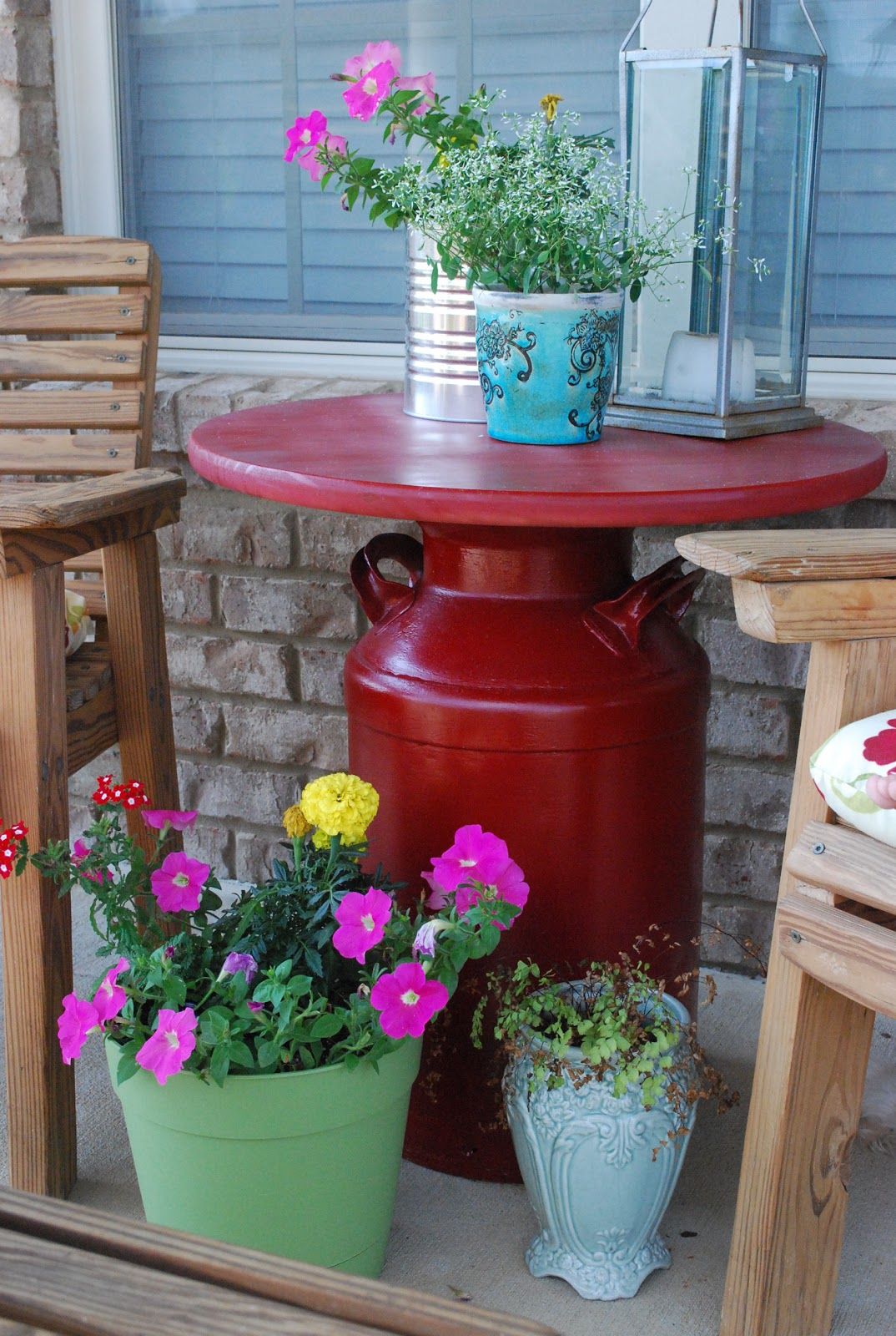 Milk can table for porch