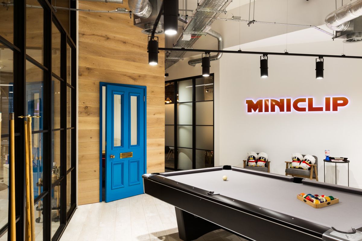 Miniclip office design with playroom pool table