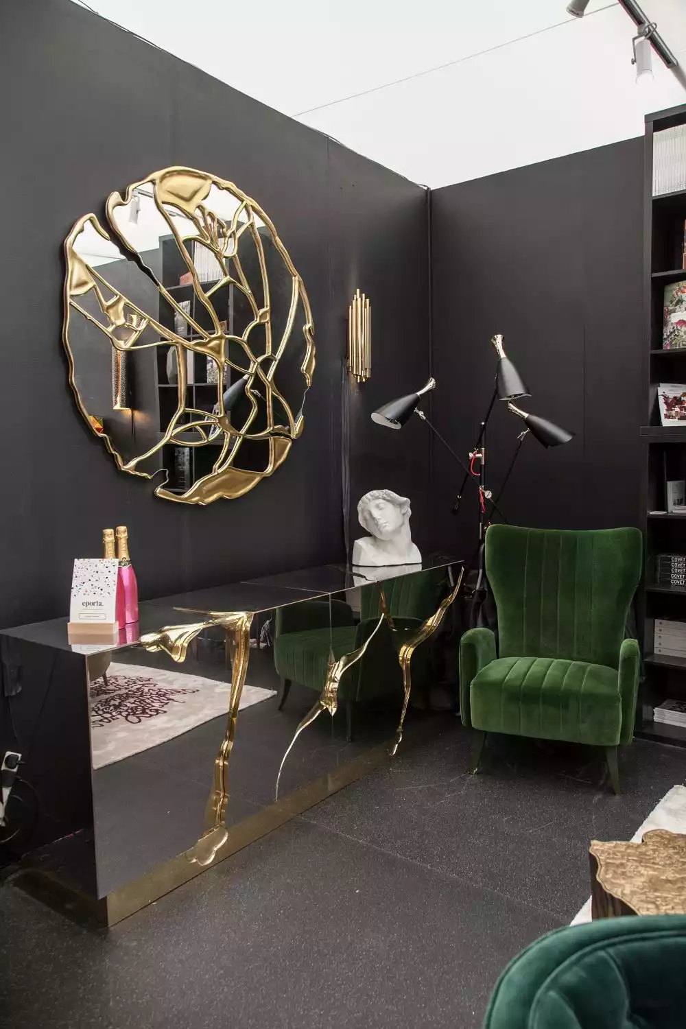 Mirrored gold sideboard and wall decor