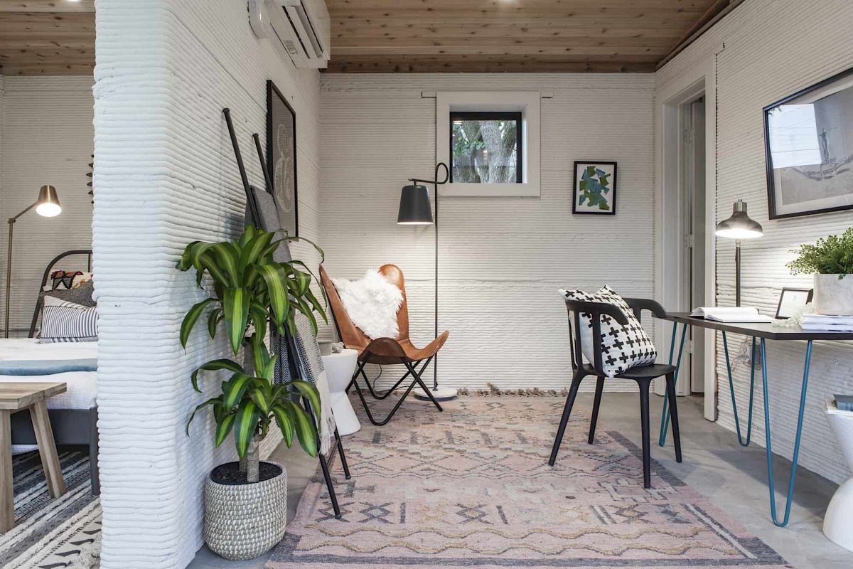 Modern 3D printed home by Icon - furniture with haripin legs