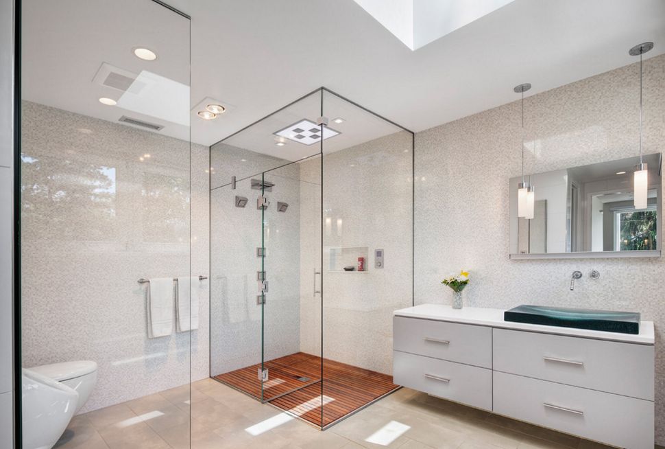 Modern Bathroom Design with a large shower featuring wood floor