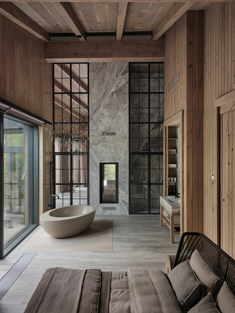 Modern Cabin Russian forest Hill House cool master bedroom