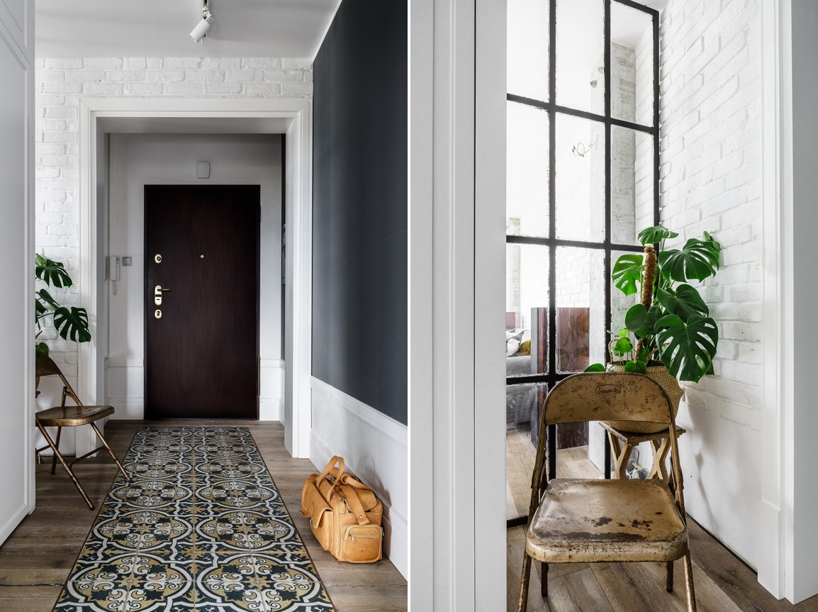 Modern Loft Foyer Design with Mosaic Floor Tiles