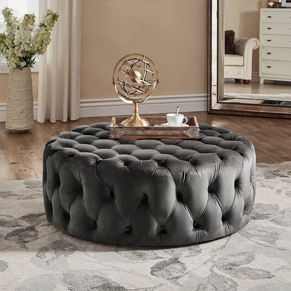 Modern Round Linen Tufted Cocktail Coffee Table Ottoman