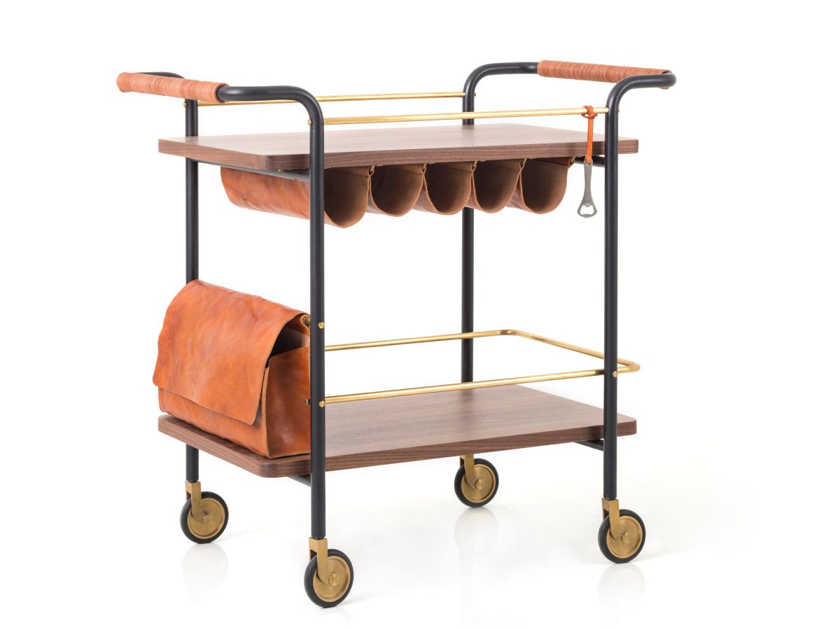 Modern bar cart with a leather wine storage