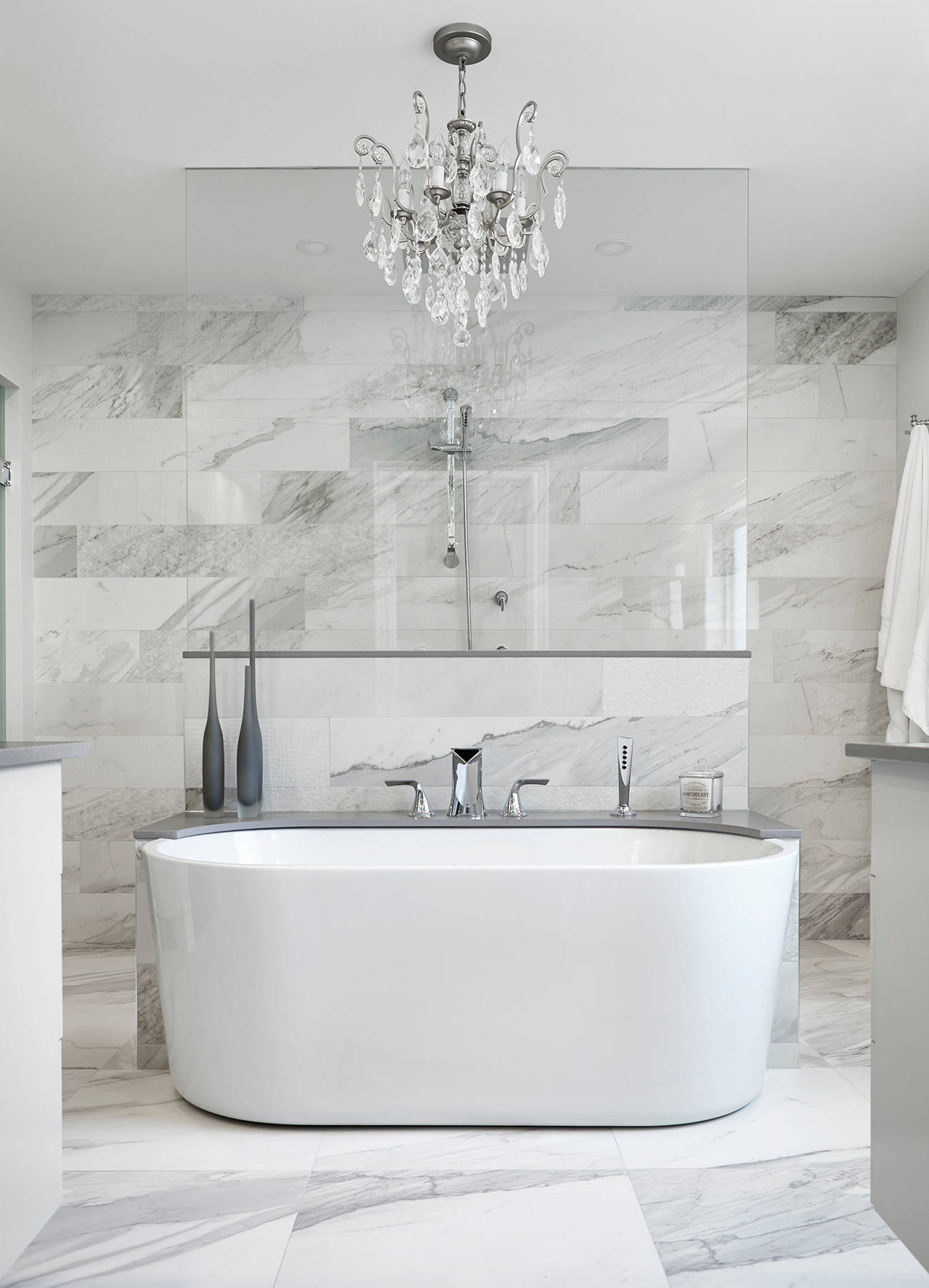 Modern bathroom marble walls chandelier