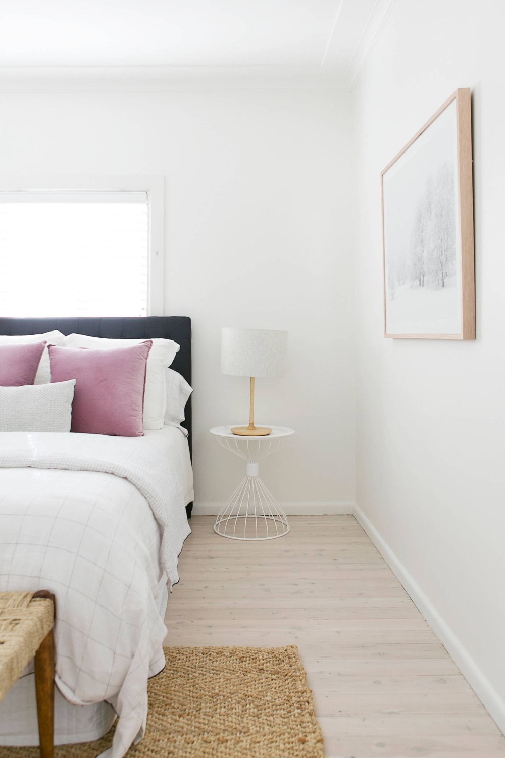 Modern bedroom with velvet levender pillows