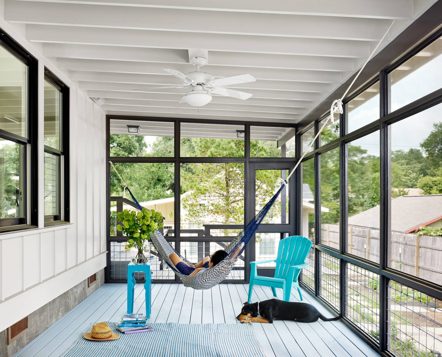 Modern farmhouse screened porch hammock