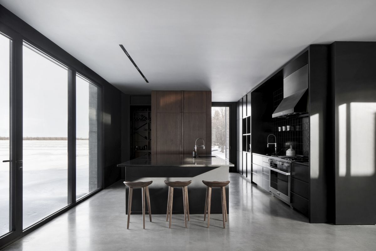 Modern kitchen design with island and chairs