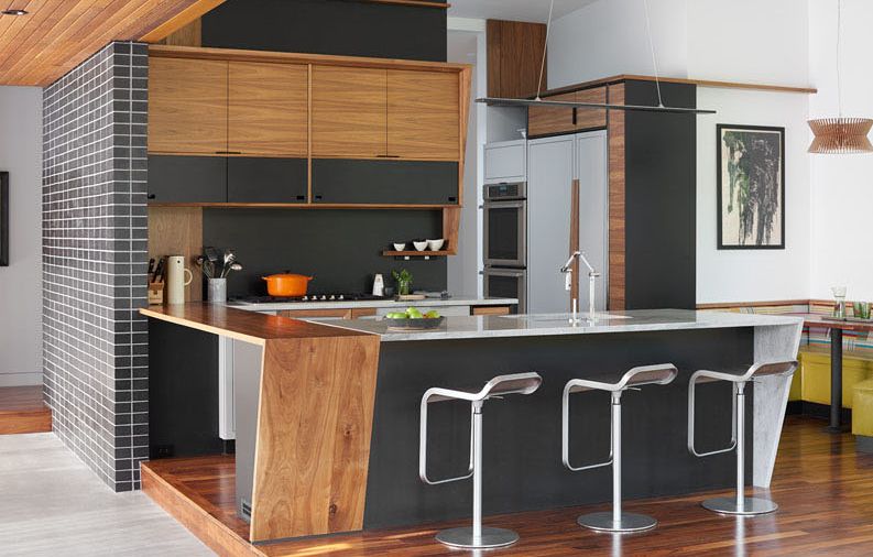 Modern kitchen layout with bar chairs