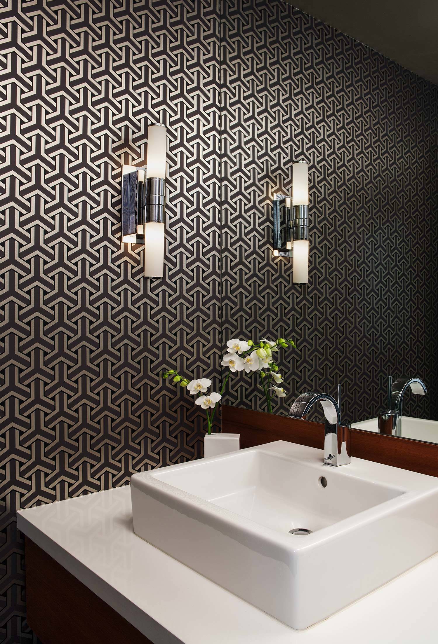 Modern powder room black gold wallpaper