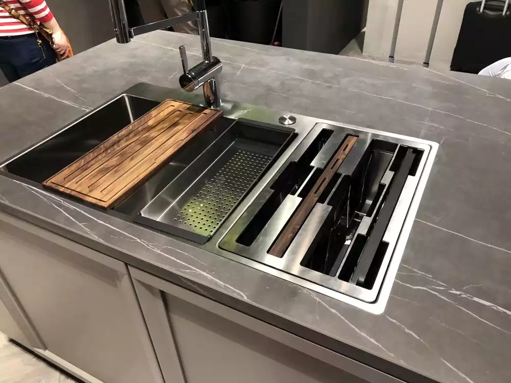 Modern rectangular sink with dividers and storage