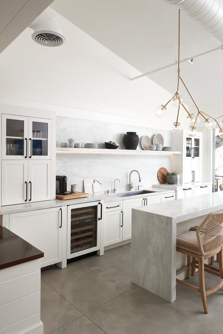 Modern white kitchen with open shelves